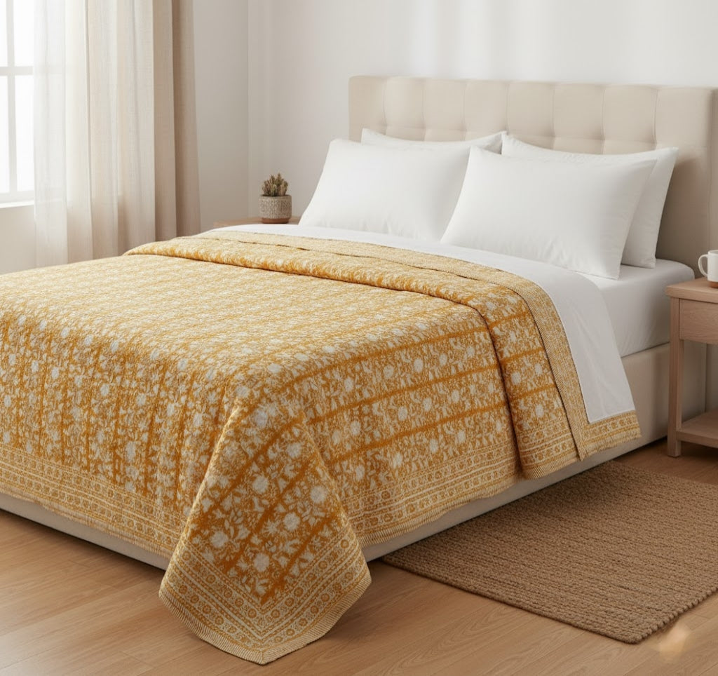 Yellow Mustard Floral 100% Soft Cotton Organic Quilt/Blanket- Handcrafted in Jaipur