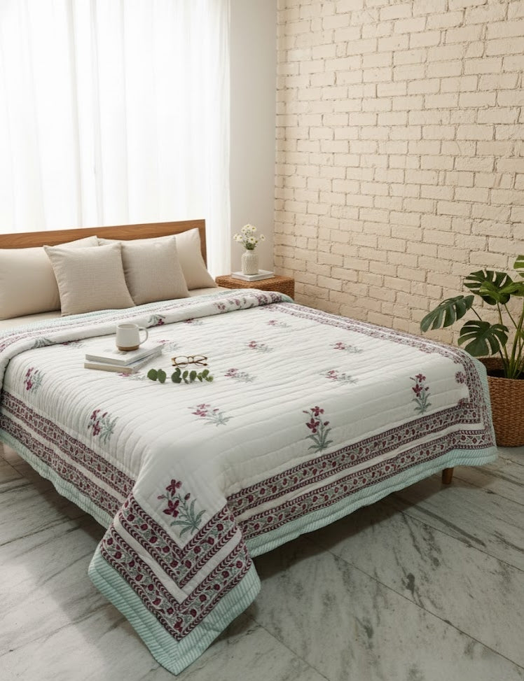 Red Floral Bordered 100% Soft Cotton Organic Quilt/Blanket- Handcrafted in Jaipur