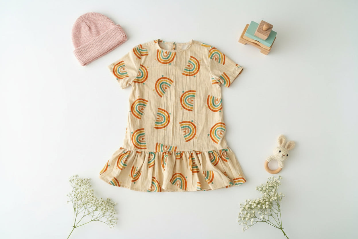 100% Cotton Frill Shift Dress For Kids