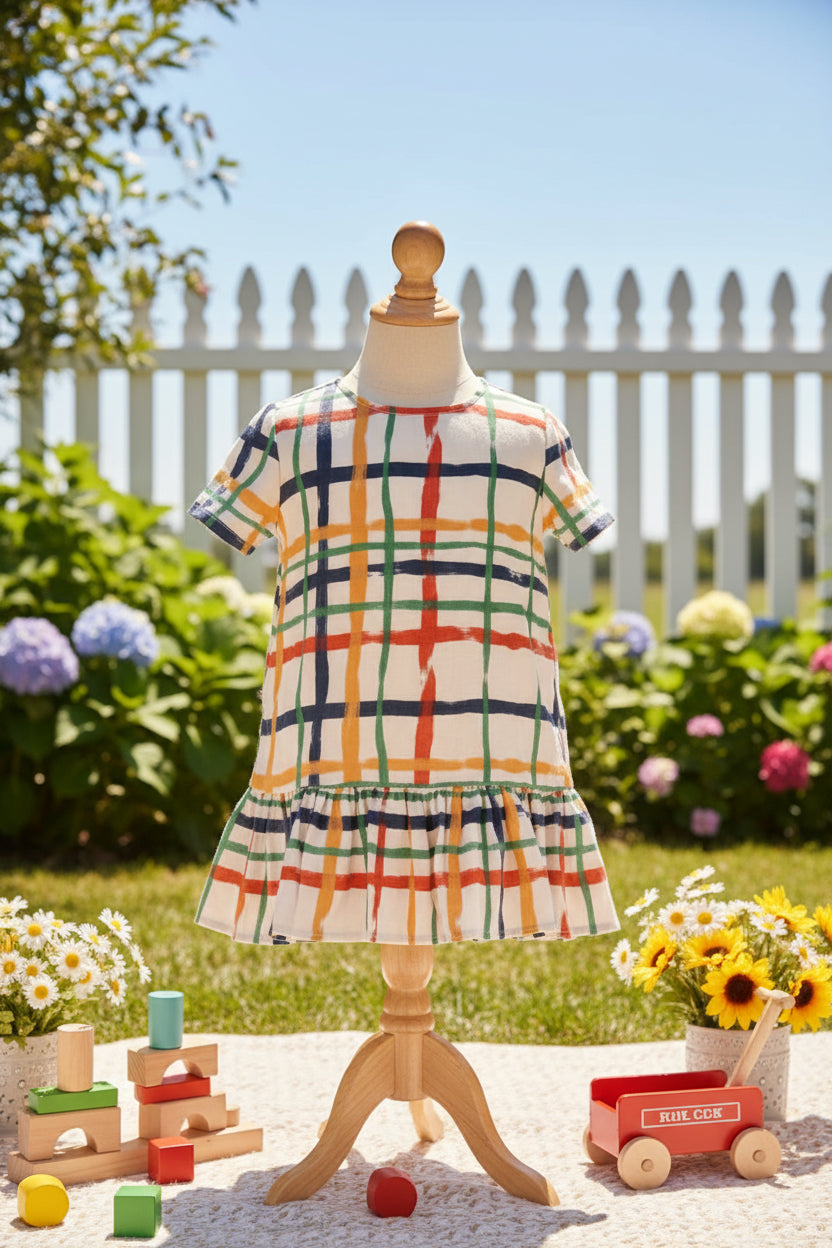 100% Cotton Frill Shift Dress For Kids