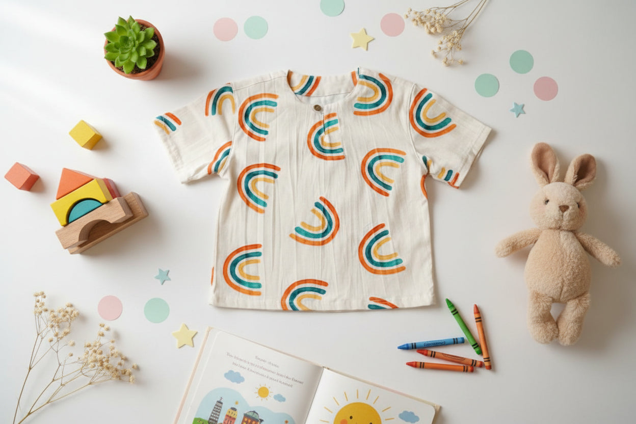 Short-sleeve shirt with rainbow pattern on a wooden surface