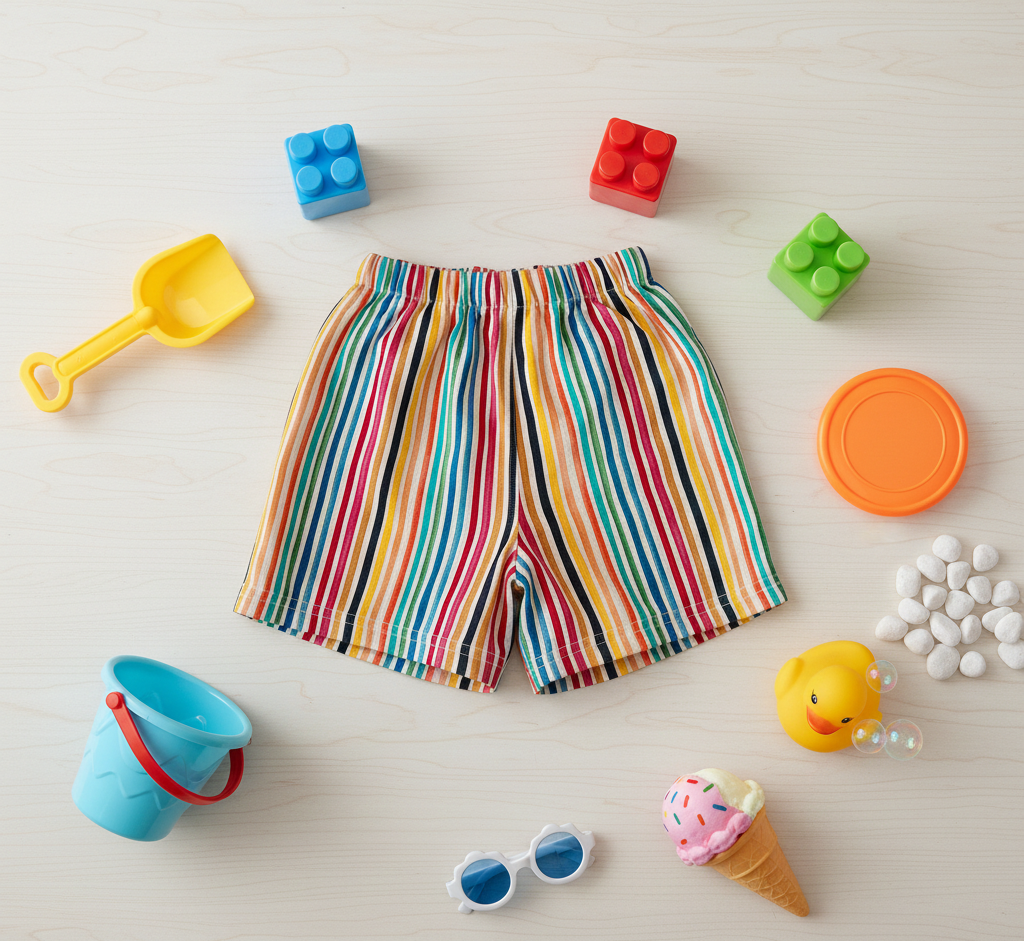 Colorful striped shorts surrounded by children's toys on a light surface