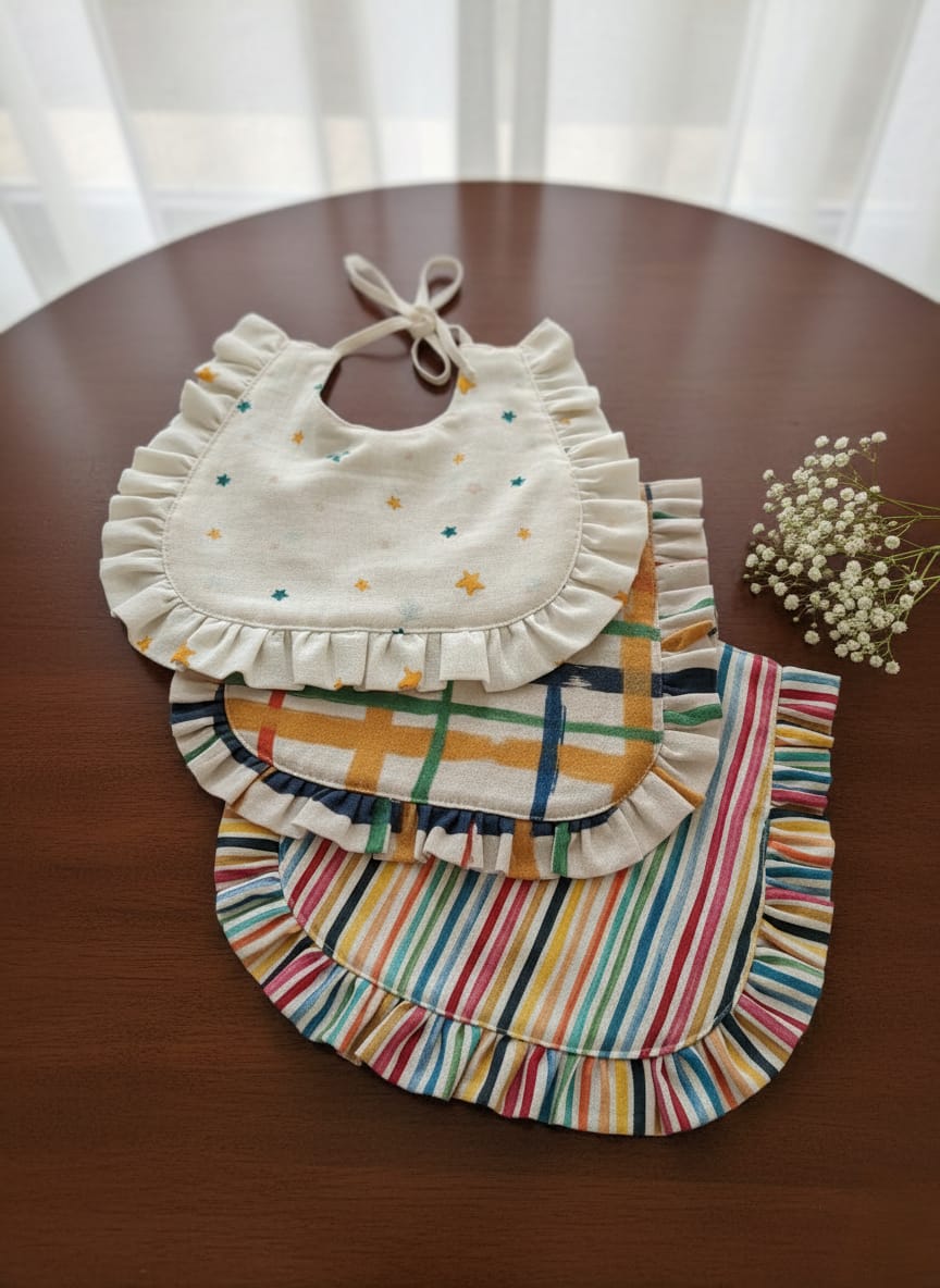 Quilted Cotton Baby Bibs with Ruffle Trim- Set of 3