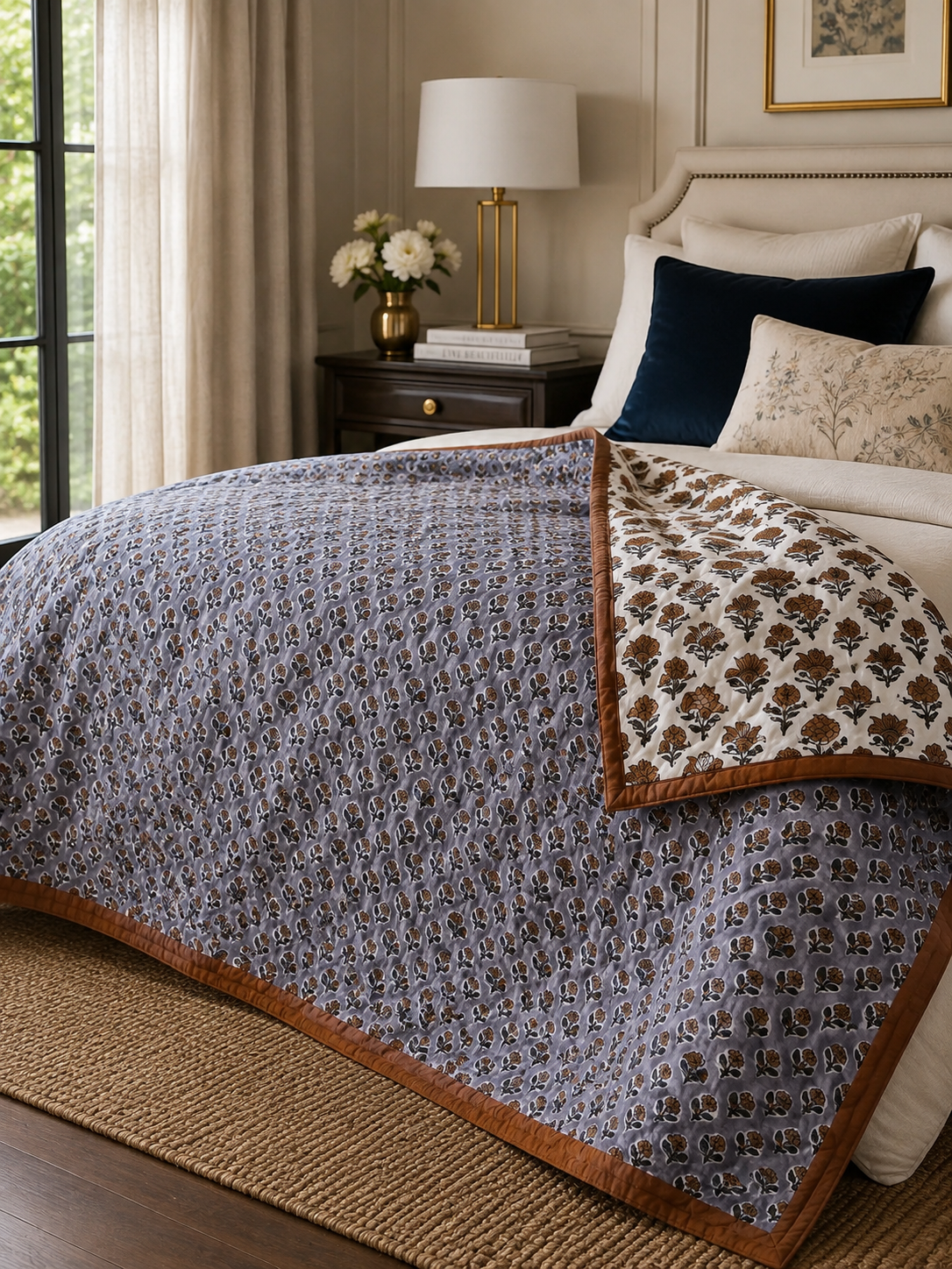 Chinar (Gray Lilac) Double Sided 100% Soft Cotton Quilt/Blanket