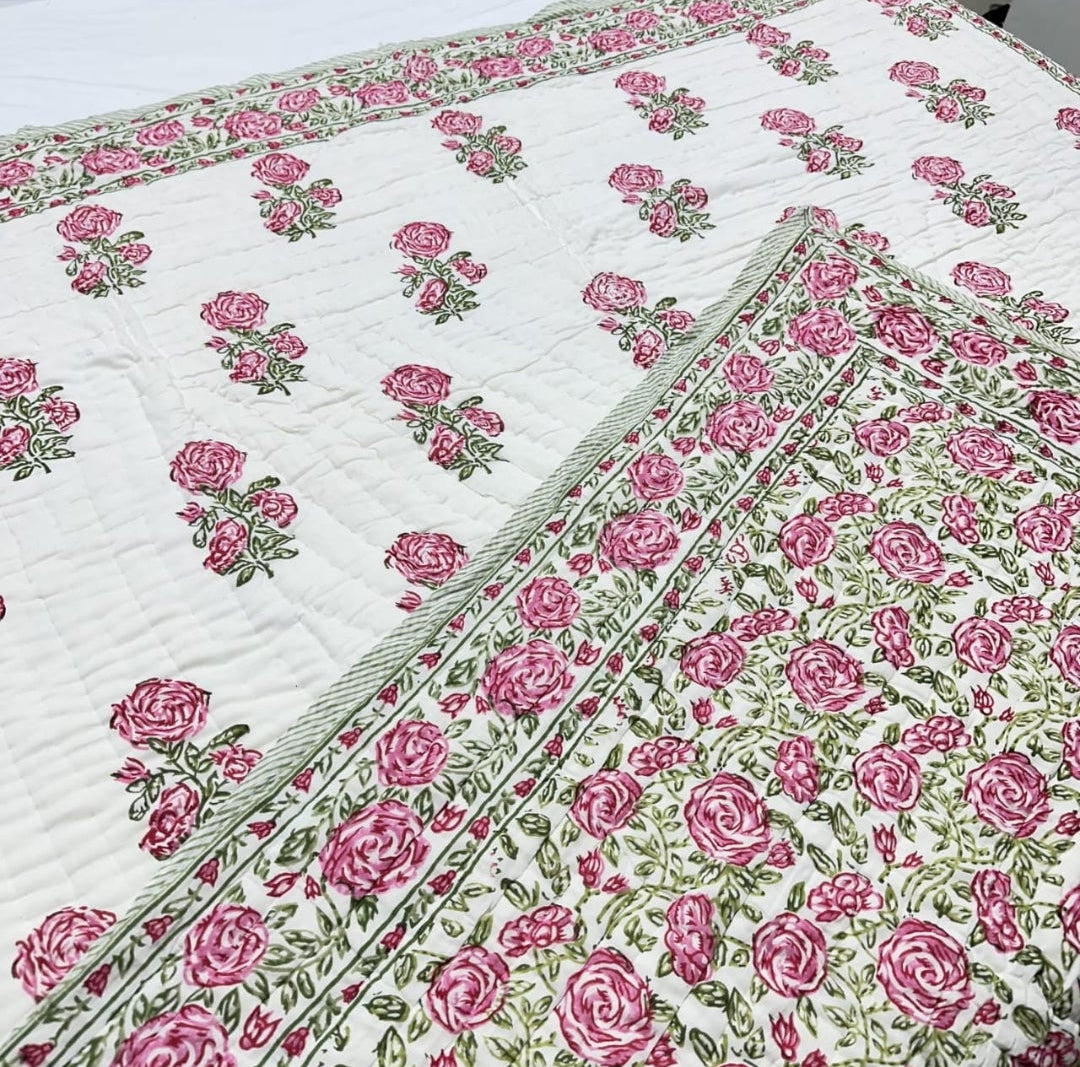 'Meadow Pink'- 100% Soft Cotton Organic Quilt/Blanket- Handcrafted in Jaipur