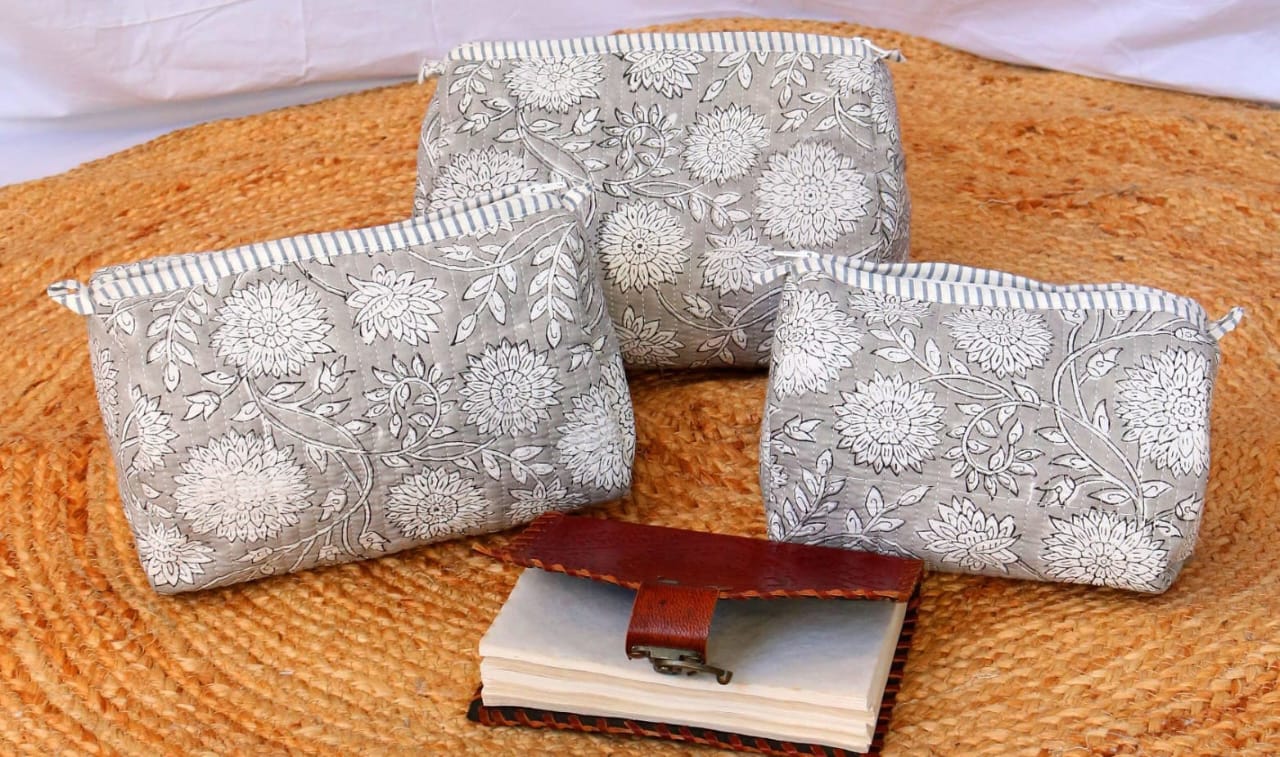 Grey Floral Quilted Vanity Pouches- Set of 3