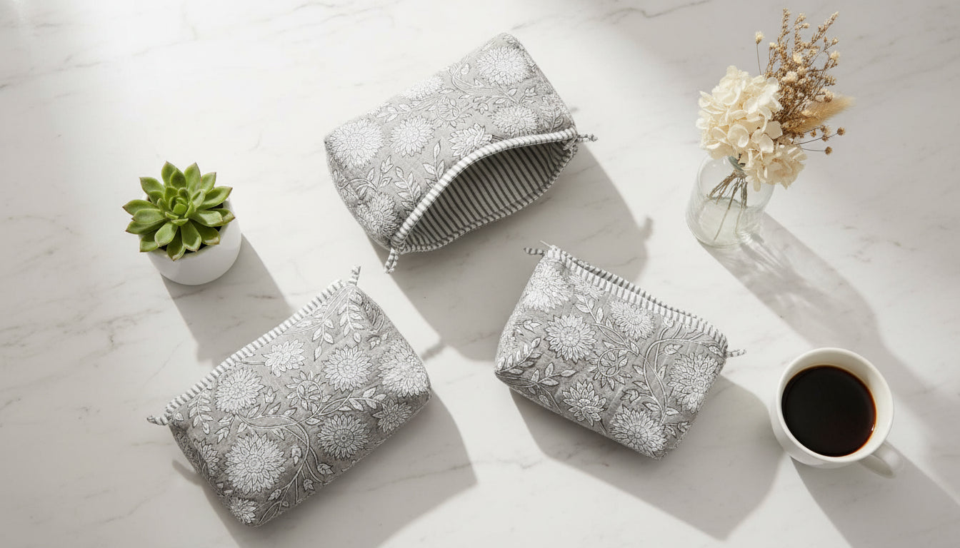 Grey Floral Quilted Vanity Pouches- Set of 3