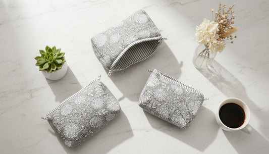 Grey Floral Quilted Vanity Pouches- Set of 3
