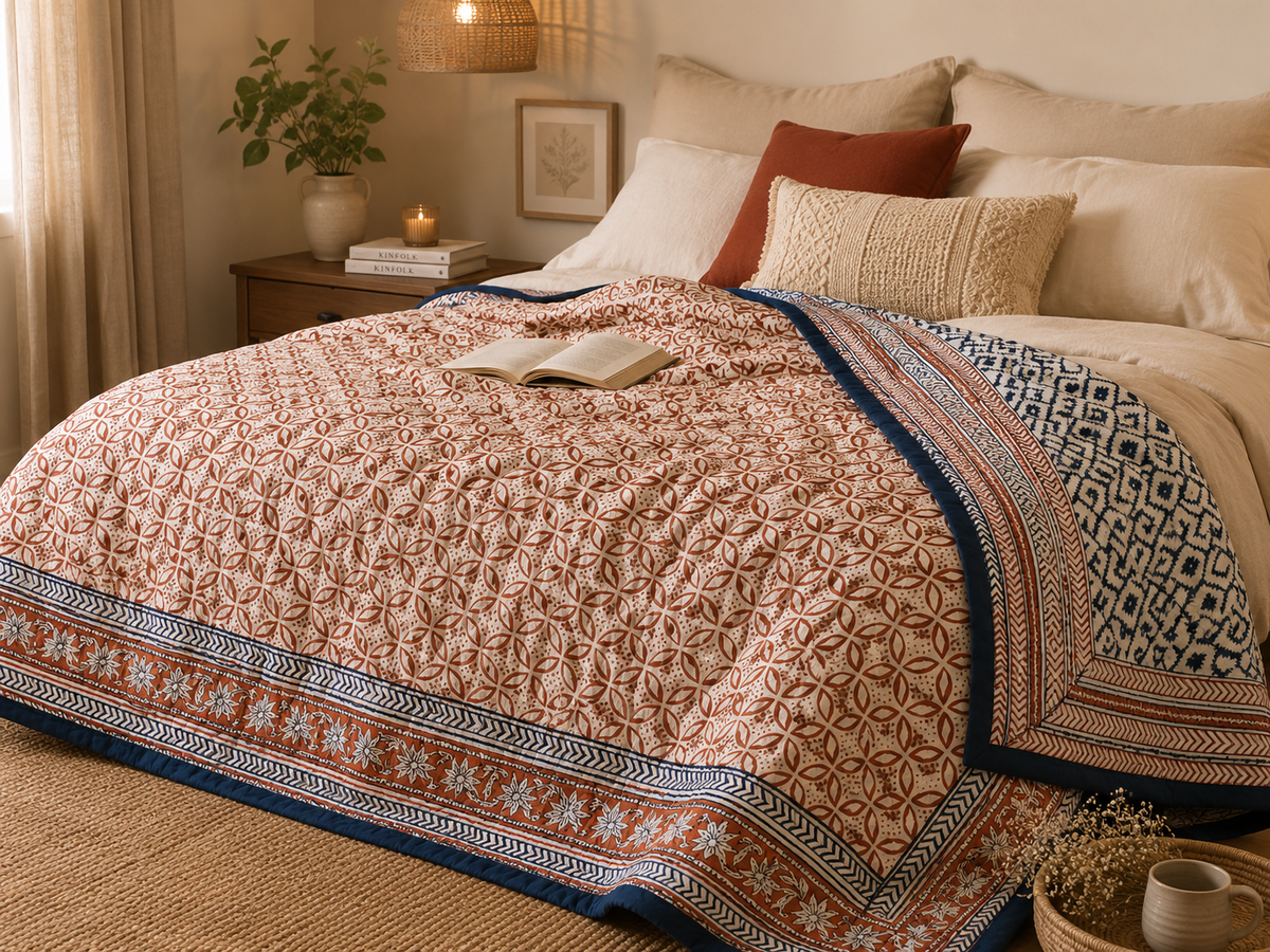 Jheel Brick and Blue 100% Soft Cotton Organic Quilt/Blanket- Handcrafted in Jaipur