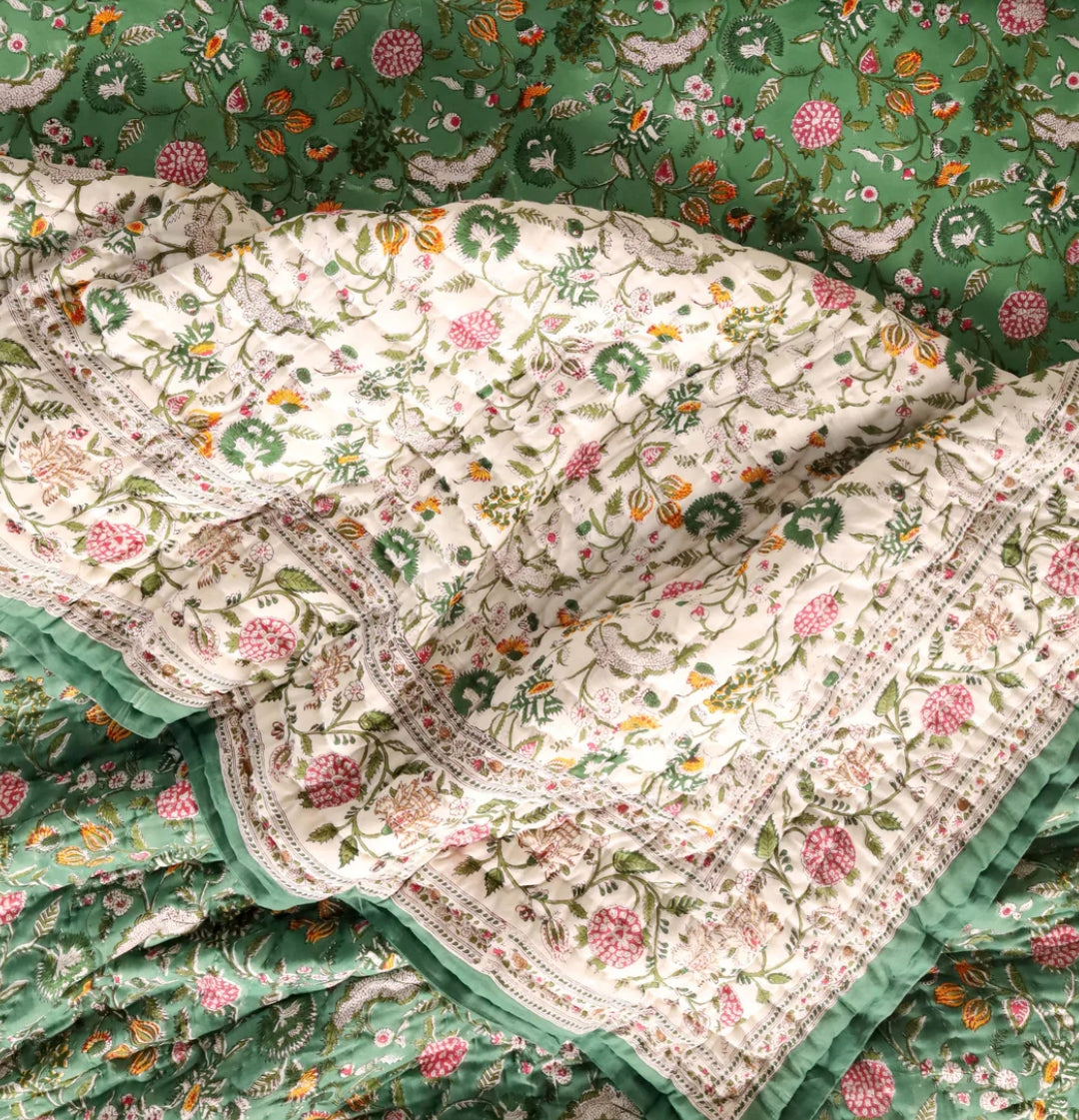 'Shabnam Green'- 100% Soft Cotton Quilt/Blanket- Handcrafted in Jaipur