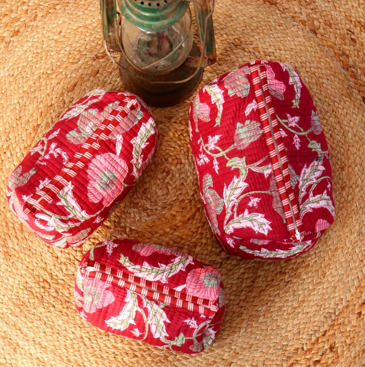 Red Floral  Quilted Vanity Pouches- Set of 3