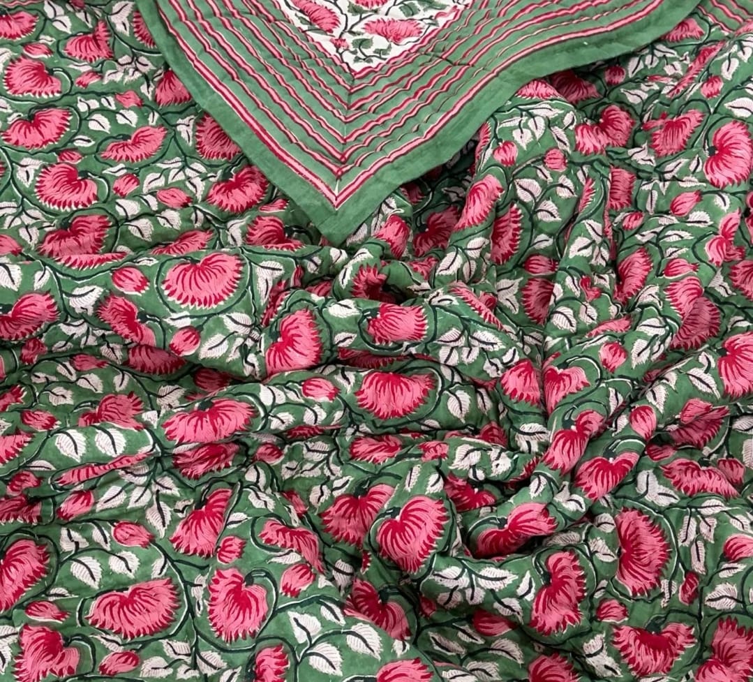 Green and Red Bloom 100% Soft Cotton Organic Quilt/Blanket- Handcrafted in Jaipur