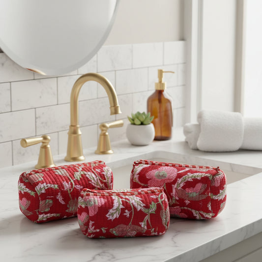 Red Floral  Quilted Vanity Pouches- Set of 3