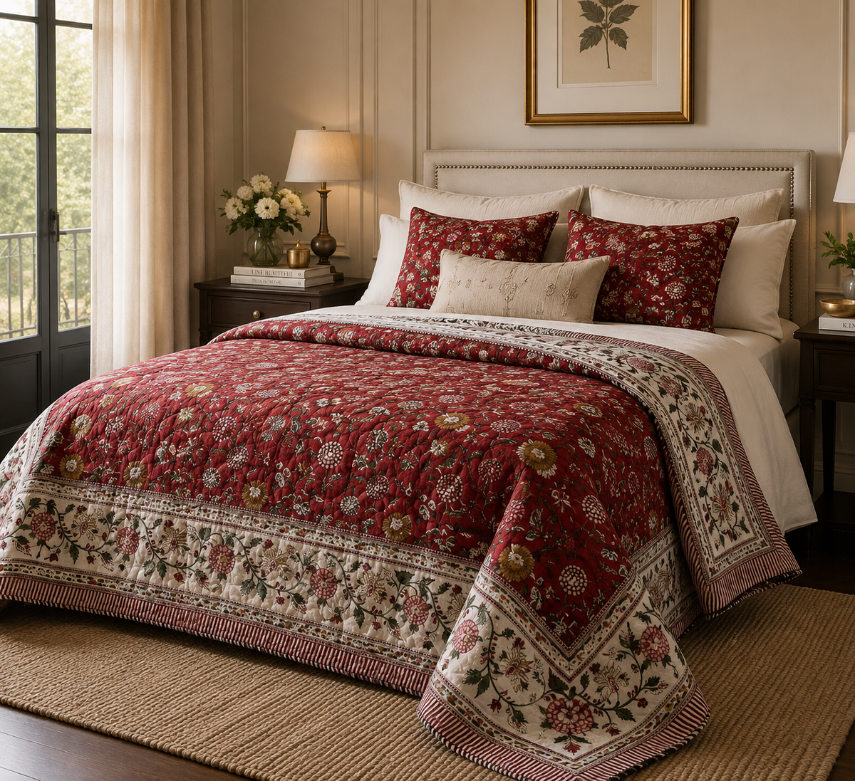 Shabnam Cherry - 100% Soft Cotton Organic Quilt/Blanket- Handcrafted in Jaipur